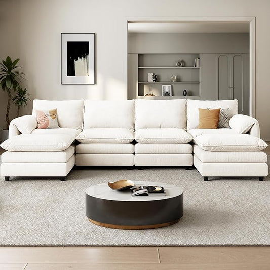 DWVO 142" Modular Sectional Sofa, Modern U Shaped Couch with Movable Ottoman, Pillow-Armrest, Velvet 6 Deep Seat Cloud Couch for Living Room, Beige