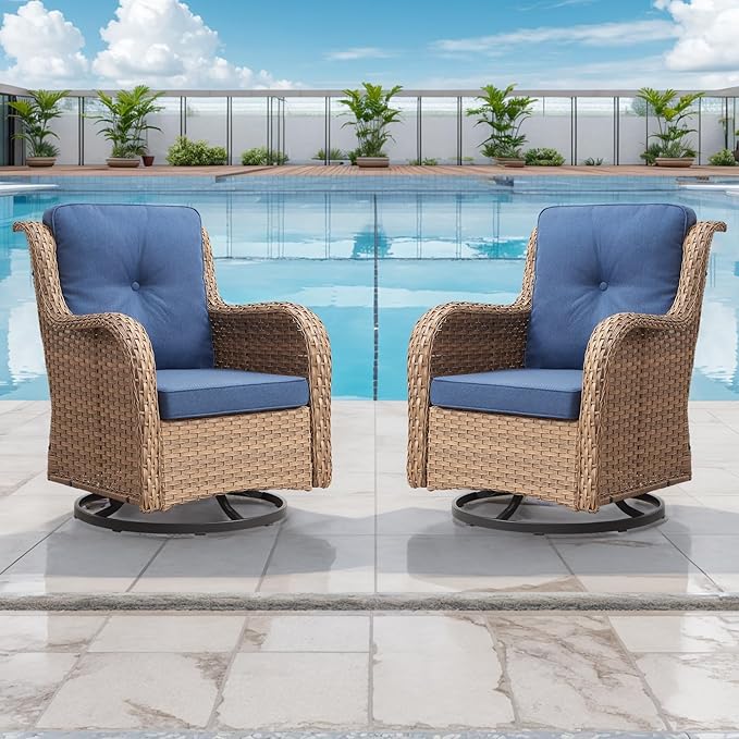 Rilyson Patio Chairs Rocking Swivel Chiar - 2 Piece Outdoor Patio Wicker Rattan Furniture Chairs Set with High Back and Deep Seating for Outside Porch Deck(Yellow/Blue)