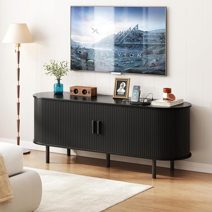 ONBRILL 55" TV Stand with Power Outlet for TVs up to 60 Inch, Entertainment Center with Storage and Adjustable Shelves, Modern Media Console with Sliding Doors for Living Room, Black - Image 7