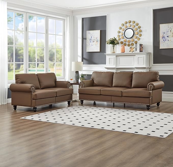2 Pieses Living Room Sofa Sets Faux Leather Couch and Loveseat with Nailhead Decor, Soild Wood Legs, Rolled Armrests & Storage ,2PCS Sofas 3 Seaters Couch and Love Seat for Living Room Furniture Sets