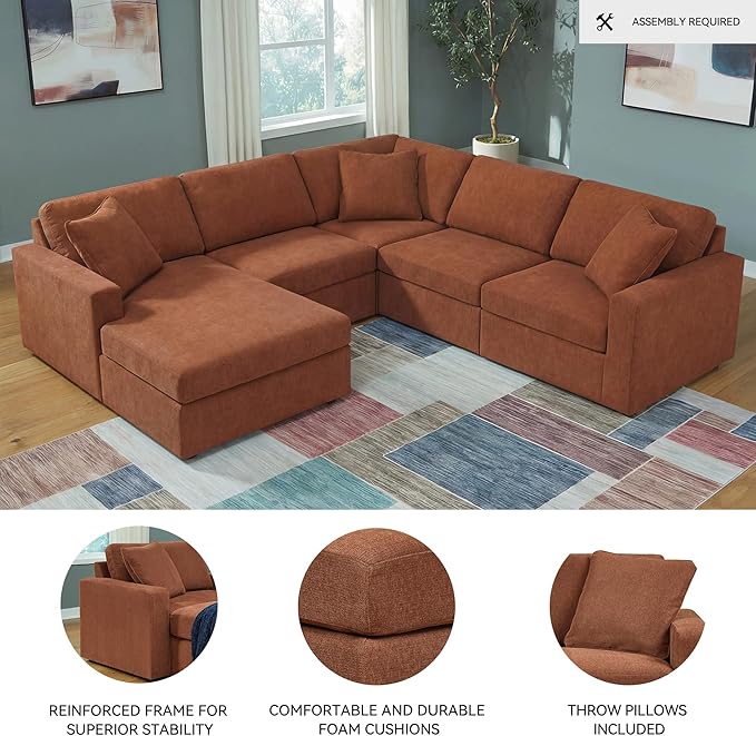 Signature Design by Ashley Casual Modmax Stain Resistant U-Shape Right-Arm Facing 5-Piece Sectional with Chaise and Reversible Cushion, Orange