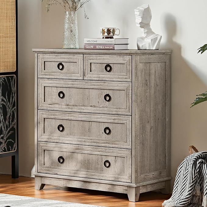 Joaxswe Farmhouse 5 Drawer Dresser for Bedroom, 33.2" Tall Small Dressers & Chest of Drawers, Rustic Wood Dresser with Metal Handle, Storage Organizer Closet for Living Room, Hallway,Entryway by Joaxswe