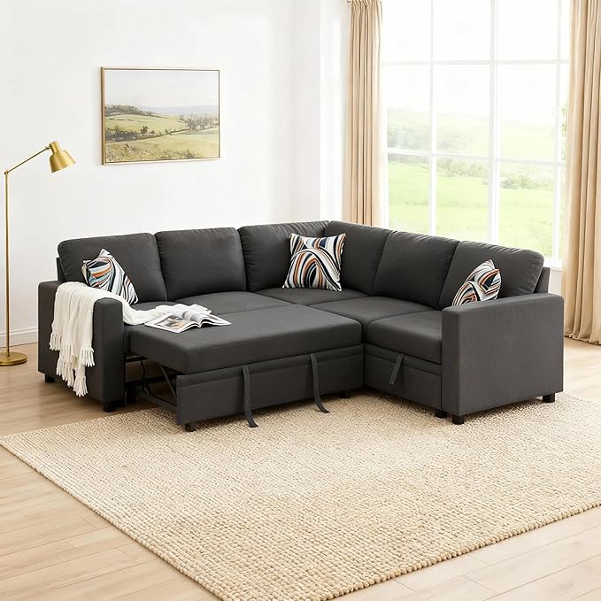 Sectional Sleeper Sofa with Pull Out Bed, L Shape Convertible Couch with Storage Chaise, Comfy Sleeper Couch, 2 in 1 Pull Out Sofa Bed with 5 Seats, for Living Room, Apartment, Black Gray
