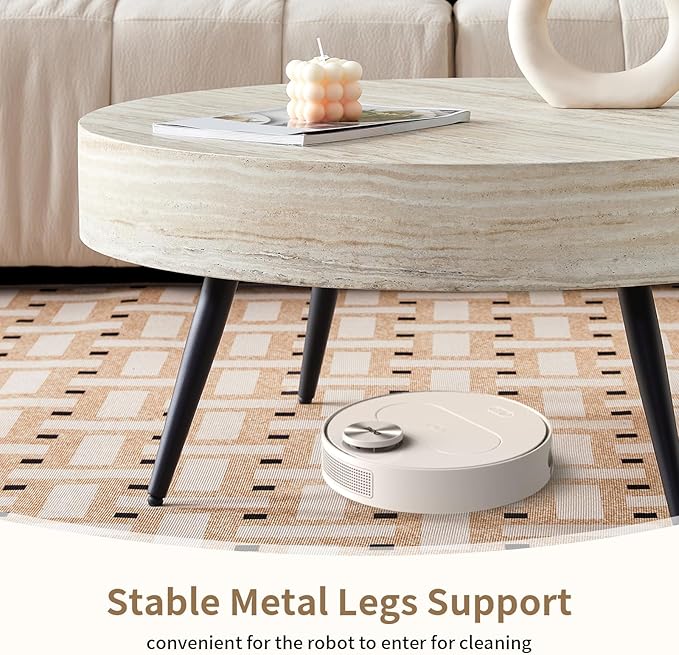 Round Coffee Table, Small Wood Stone Coffee Table with Storage, Modern Mid Century Circle Tables Accent Center Tables for Living Room Apartment Small Space (31.5''D-Stone Travertine Pattern)