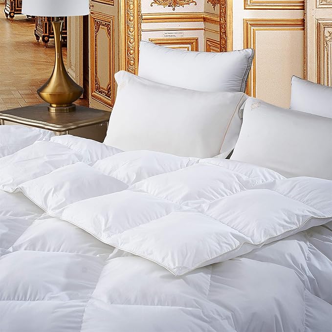 Premium All-Season Queen Size Luxury Siberian Goose Down Comforter Duvet Insert 1200 Thread Count 100% Egyptian Cotton Down Feather Comforter (Queen, White Solid)