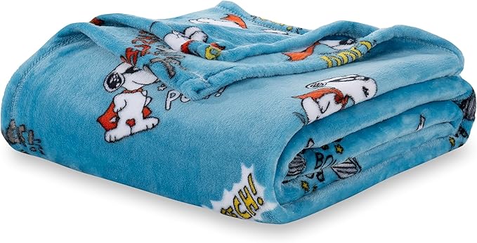 Berkshire Blanket Peanuts® VelvetLoft® Cute Character Snoopy Plush Blanket,Peanuts Large Masked Marvel Toss Happy Blue,King 90 in x 108 in (Official Peanuts® Product)