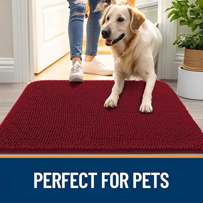 OLANLY Dog Door Mat for Muddy Paws 47x17, Absorbs Moisture and Dirt, Absorbent Non-Slip Washable Doormat, Quick Dry Chenille Mud Mat for Dogs, Entry Indoor Entryway Carpet for Inside Floor, Red - Image 6