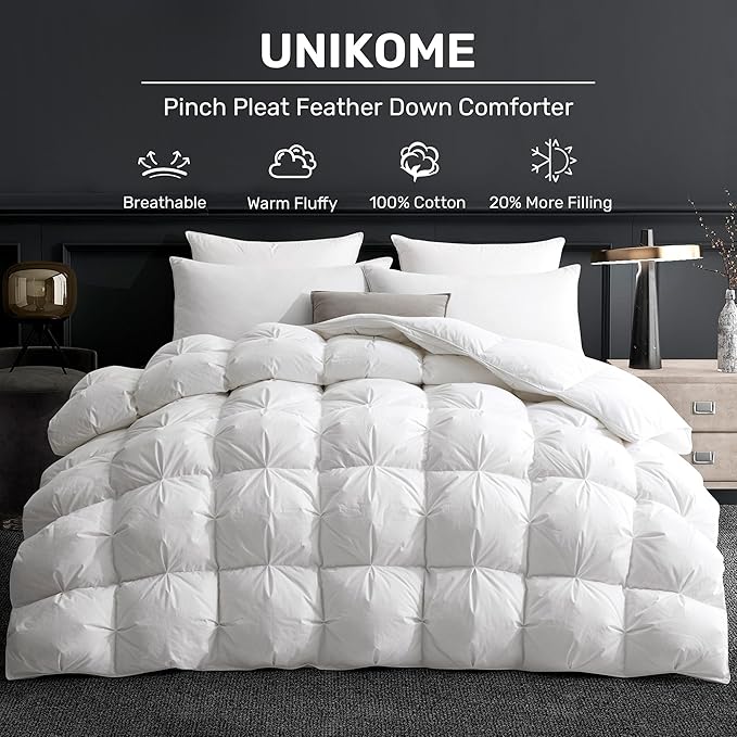 UNIKOME King Size Goose Feather Down Fiber Comforter - Pinch Pleat Duvet Insert All Season with 100% Cotton Cover, Warm Bed Comforter with 20% Extra Fill, Cloud-Like Fluffiness (106"X90", White)