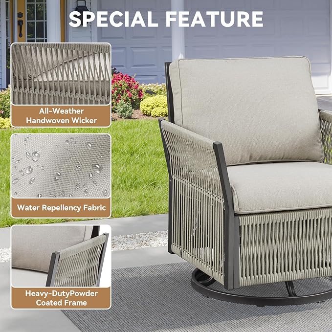 6 Piece Wicker Patio Furniture Set with Side Table, Outdoor Swivel Rocker Chairs Set of 4 with Glass Side Tables Set of 2, Patio Conversation Set for Casual Gathering (Beige)
