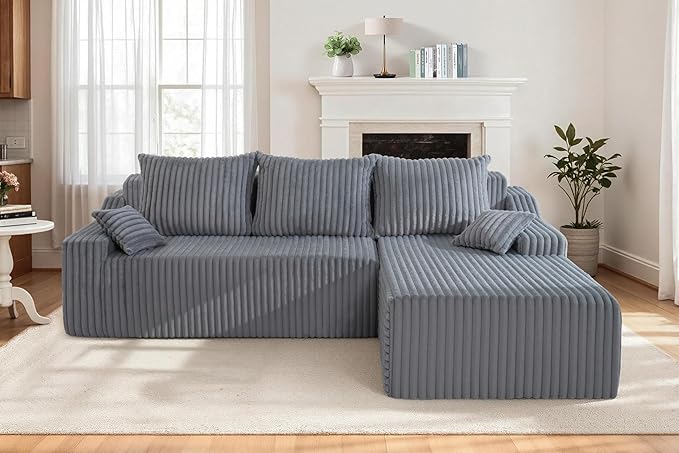 Homguava 94'' Cloud Sectional Couch, Modular L-Shape Couch with Chaise, Boneless Sofa with Deep Seat for Living Room Bedroom,No Assembly Required(Grey,Right Facing Chaise)