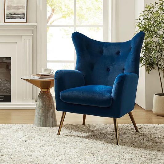 HULALA HOME Velvet Accent Chair, Modern Wingback Arm Chair with Metal Gold Legs, Velvet Tufted Upholstered Single Sofa Chair for Living Room Bedroom, Dining Room Accent Club Guest Chair (Navy)