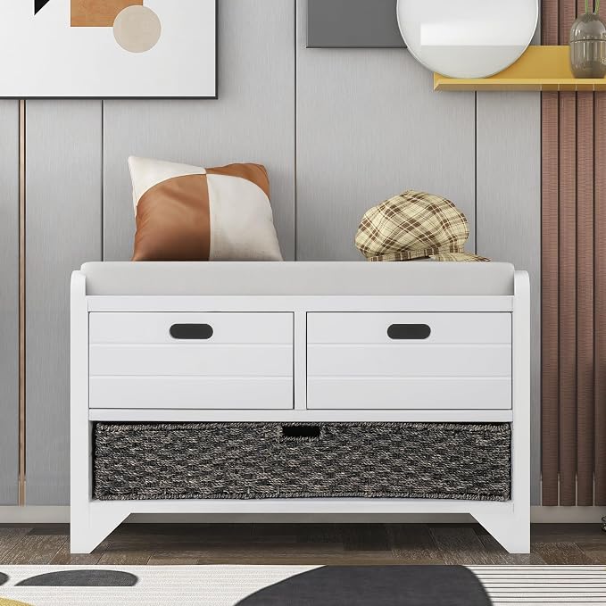 SOFTSEA Storage Bench with Drawers and Basket, Farmhouse Shoe Bench with Seating and Cushion for Hallway Entryway Living Room, Full Assembled (White Wash-2 Drawers) - Image 7