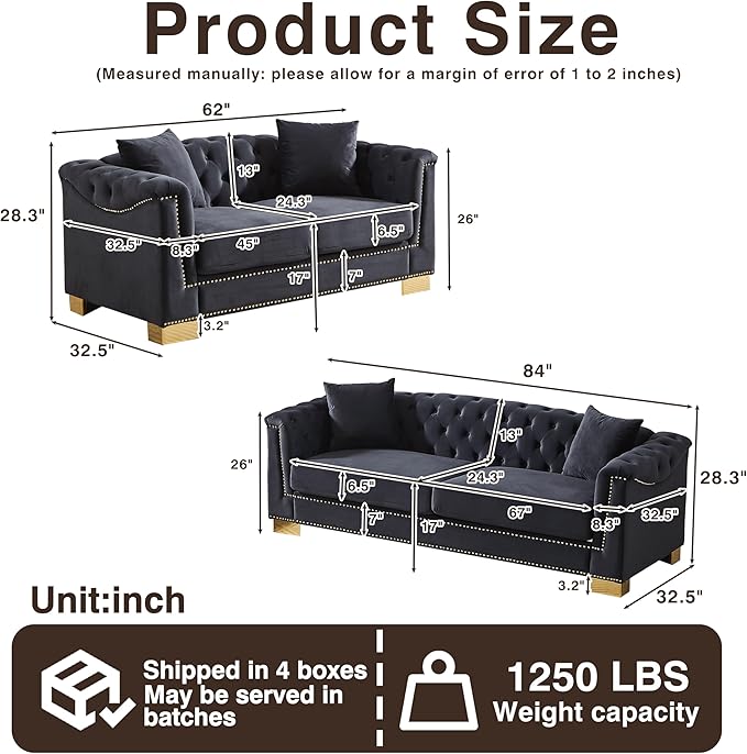 KEIKI Chesterfield Sofa, Retro Style Upholstered 3+2 Seat Couch with Rolled Arm for Living Room Bedroom Office, Black