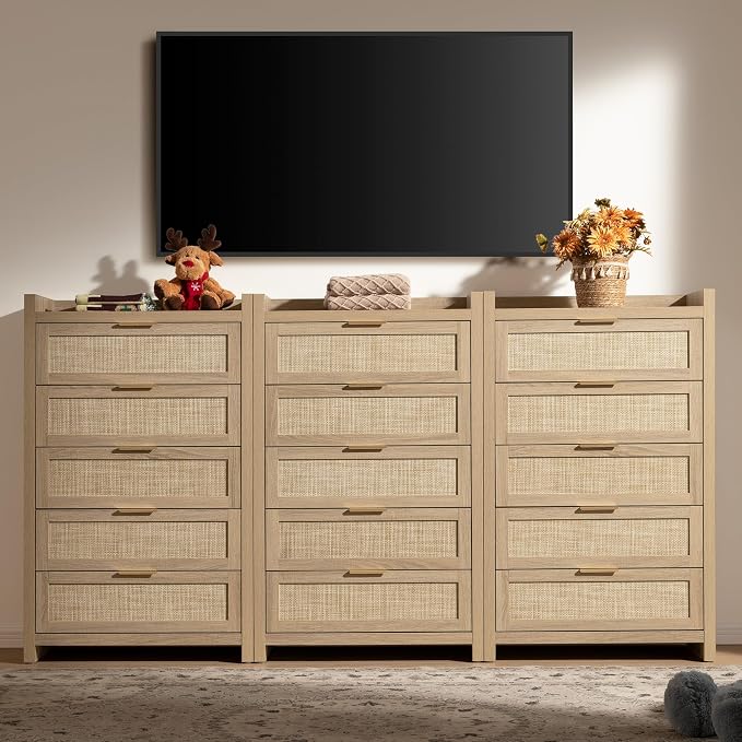 SICOTAS Dresser for Bedroom Chest of Drawers 46" Tall Dresser for Closet with 5 Rattan Drawers Boho Nightstands Set of 3 Large Clothes Storage Cabinet TV Stand for Living Room Hallway Nursery Entryway - Image 2