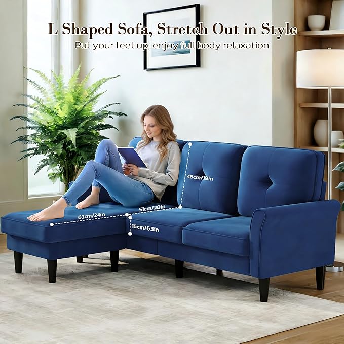 Sectional Couches for Living Room, 83" Velvet Modern 3 Seater Sofa, L Shaped Couch with Ottoman, Small Sectional Couch Sofas for Living Room, Bedroom, Apartment, Office, Blue Sofa