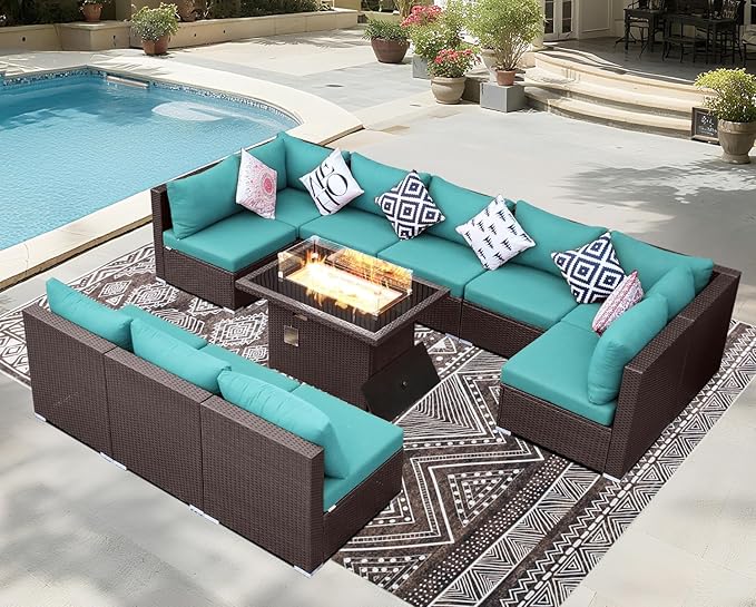 BULEXYARD 11 Piece High Back Wicker Patio Furniture Sets with Fire Pit, Luxury Plus Size Outdoor Seating Set, Comfortable Extra Wide Deep 10-Seater Sectional Couch Sofa for Outside, Brown & Turquoise