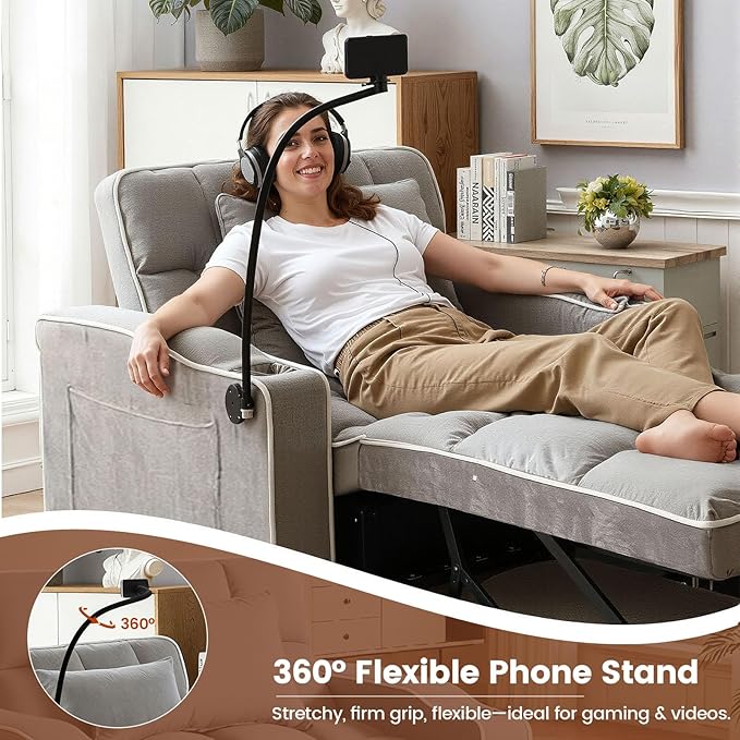 Convertible Sleeper Chair, Pull Out Chair Sleeper with Bracket and Cup Holder, Chairs Bed Sleepers for Adults, 3 in 1 Sofa Bed Chairs for Small Spaces, Living Room, Light Gray