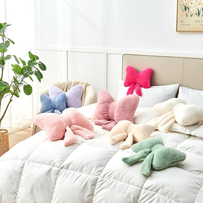 Pink Bow Pillow,16'' Bow Decorative Pillows with Faux Rabbit Fur,Soft Bow Throw Pillows Aesthetic Bow Shaped Pillow for Bed Sofa Couch Home Decor