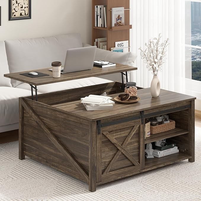 PUKAMI Lift Top Coffee Table with Storage, 31.5" Farmhouse Coffee Table for Living Room, Square Coffee Tables with Large Hidden Storage and Sliding Barn Doors, Brown