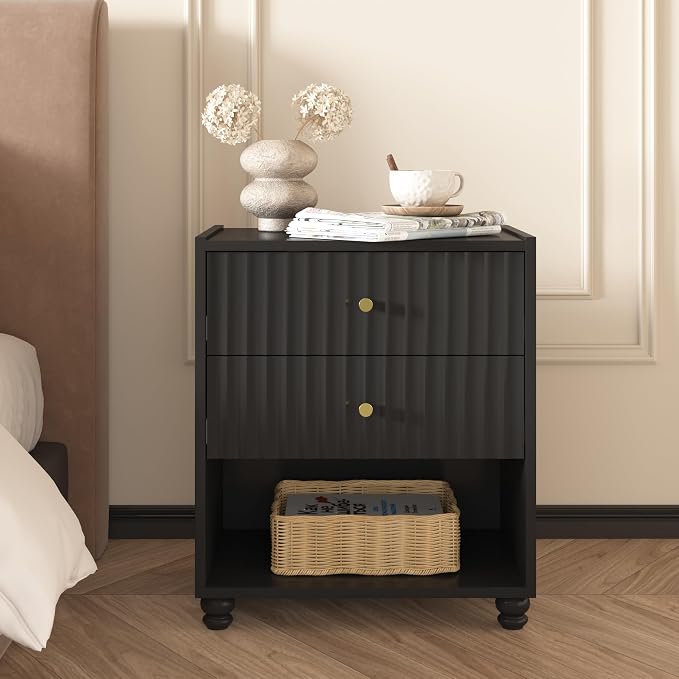 Modern Nightstand, Fluted End Table with 2 Drawers, Nightstand with Open Shelf for Bedroom (2, Black) - Image 3