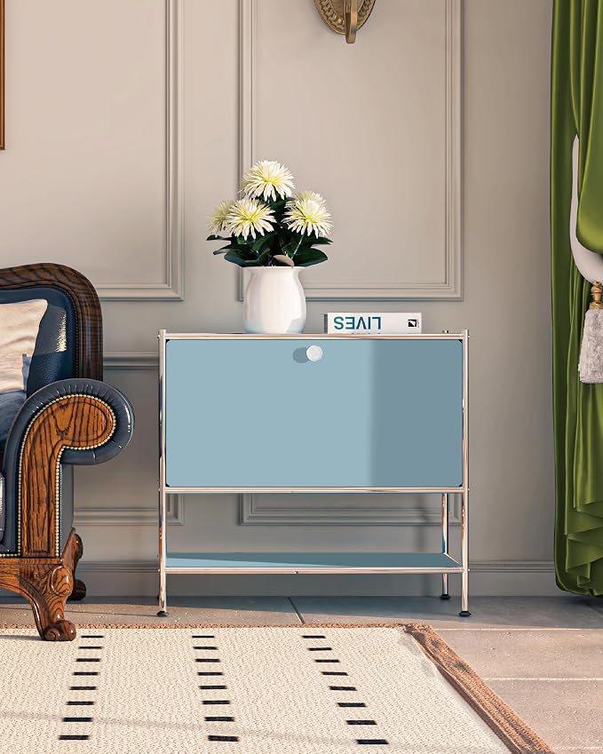 Metal Sidetable with Flap Door, 27.5" Height - DIY Modern Furnishing for Home, Office, Foyer, Bedroom - Night Stand, Book Shelf, Bookshelf, Cube Storage Organizer, Bedside Table (Blue) - Image 2