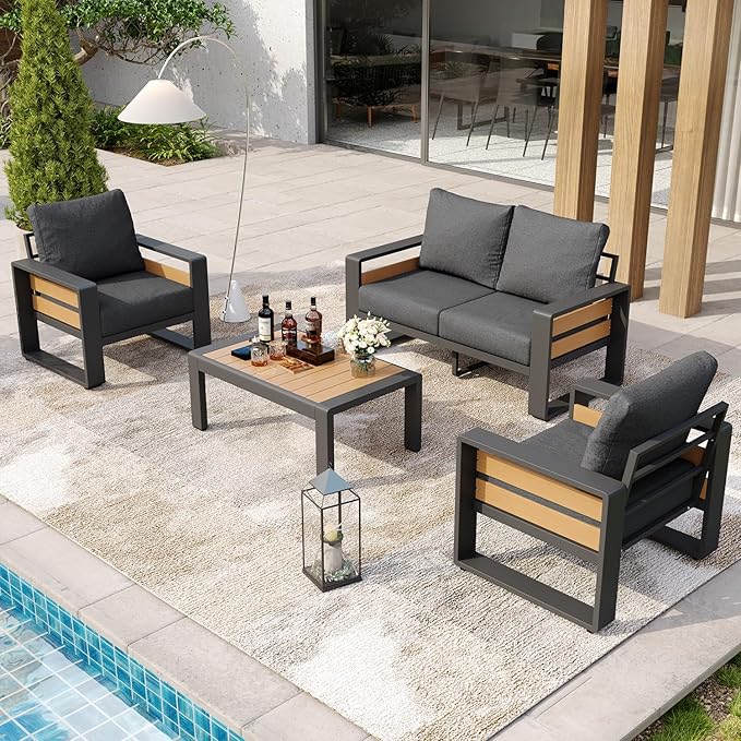 Aoxun Aluminum Patio Furniture Set, 4 Piece Luxury Outdoor Sectional with 6" Olefin Fabric Cushions, Patio Conversation Sets with Coffee Table and Waterproof Cover for Backyard, Porch Dark Grey