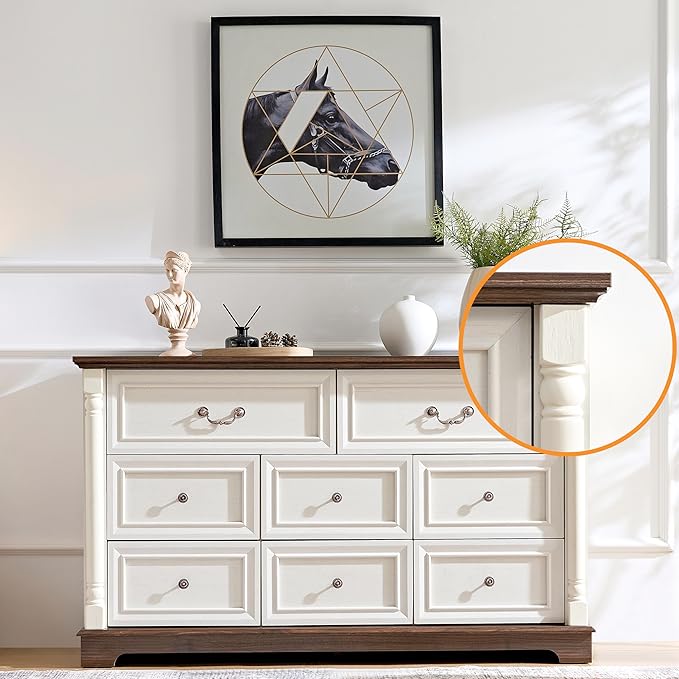 OKYCI 3PC Farmhouse Dresser and Nightstand Sets for Bedroom, Including 8 Drawer Dresser & 2 Drawer Night Stand Set of 2 with USB,Antique White