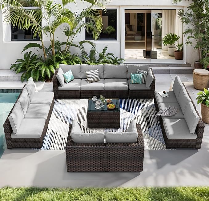 13 Piece Patio Furniture Set All Weather PE Rattan Outdoor Sectional Sofa Couch with No-Slip Cushions and Glass Top Table for Garden, Poolside, Backyard (Gray)