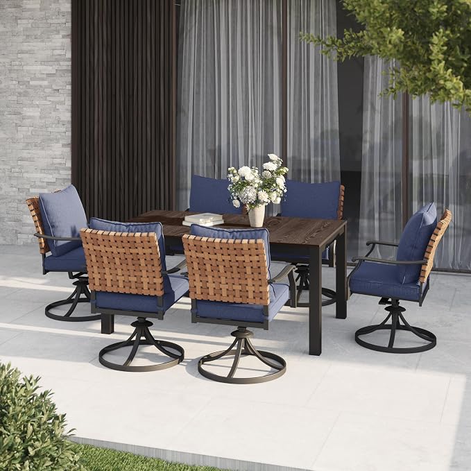 Grand patio 7-Piece Outdoor Dining Set, 6 Leather-Look Wicker Swivel Blue Patio Chairs & 1 Rectangular Faux Woodgrain Dining Table, Dark Brown - Image 2