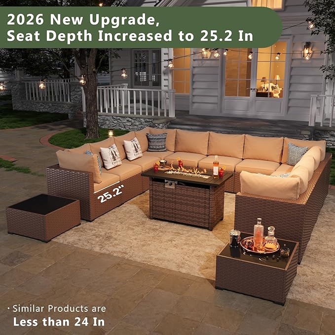 Aoxun 15 Piece Patio Furniture Set with 44” Fire Pit Table, Wicker Rattan Patio Sectional Sofa, Outdoor Furniture Set with Thickened Cushion, Light Gray