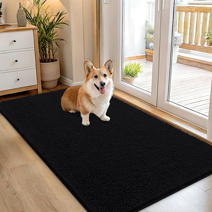 OLANLY Dog Door Mat for Muddy Paws 54x32, Absorbs Moisture and Dirt, Absorbent Non-Slip Washable Doormat, Quick Dry Chenille Mud Mat for Dogs, Entry Indoor Entryway Carpet for Inside Floor, Black by OLANLY