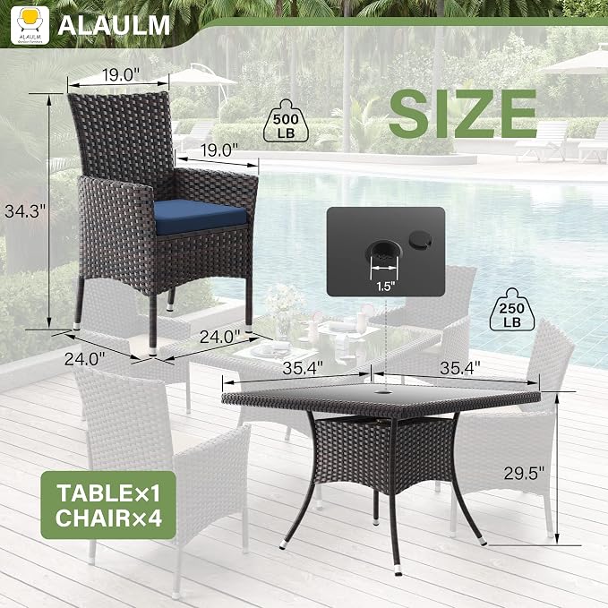 ALAULM 5 Piece Patio Dining Set All-Weather Wicker Outdoor Furniture Set w/Tempered Glass Tabletop, Removable Cushions and Umbrella Hole for Patio, Backyard, Garden, Poolside（Navy） - Image 2