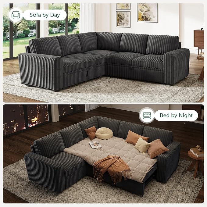 HONBAY Modular Sectional Sleeper Sofa with Pull Out Bed,Corduroy L Shaped Couch with Storage, Sectional Couches for Living Room,Dark Grey