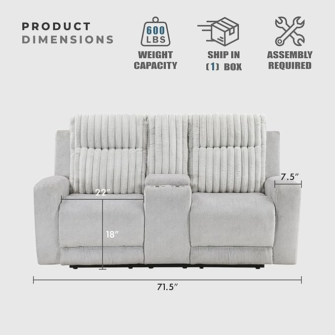 Lexicon Modern Double Recliner Loveseat with Center Console, Manual Wall Hugger Textured Microfiber Love Sac Couch, Plush Corduroy Channel Seat Back, Manual Recliner Loveseat, Light Gray