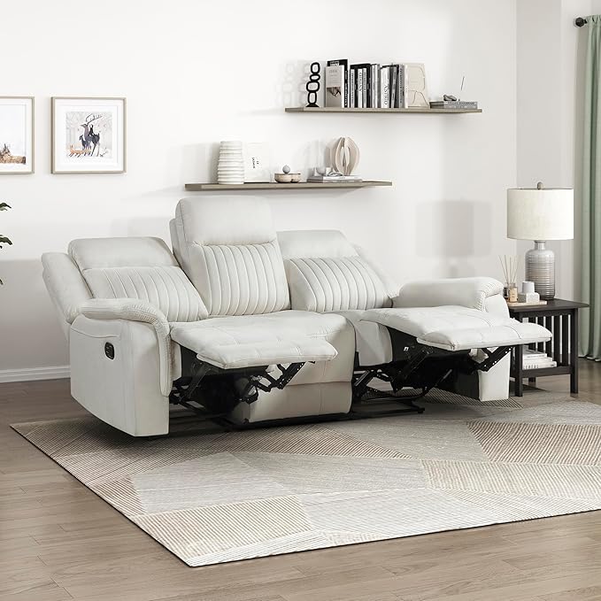 Lexicon Manual Double Reclining Sofa, Polished Microfiber Upholstered 3 Seater Manual Sofa Recliner for Living Room, Wall Hugger, Easy Assembly, Beige