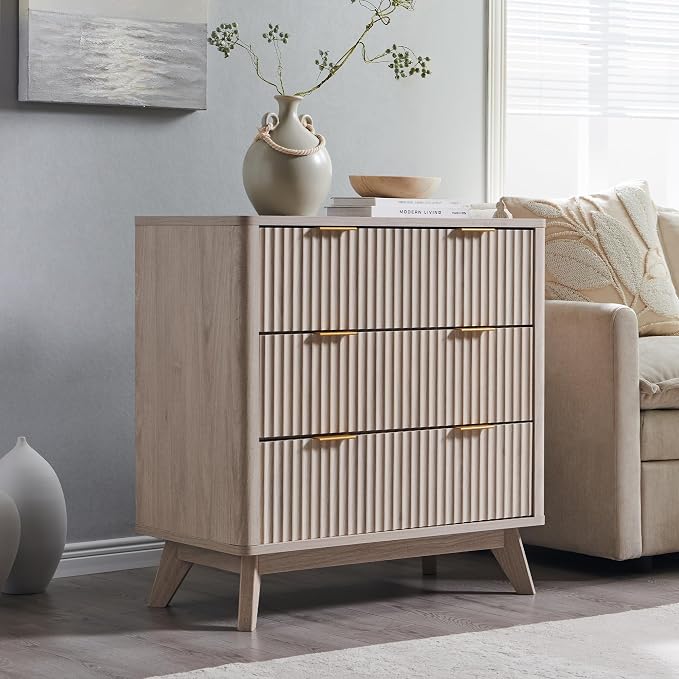 T4TREAM Fluted 3 Drawer Dresser, 32" Tall Modern Chest of Drawers, Curved Profile Design, Wood Drawer Organizer for Bedroom, Living Room, Hallway, Entryway, White Alder - Image 6