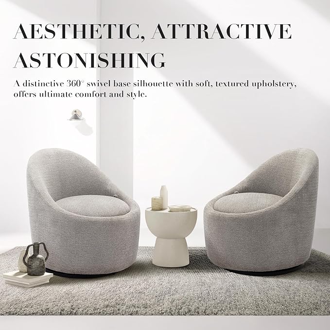 COLAMY Swivel Accent Chair Set of 2, 360° Swivel Round Chair with Hidden Storage, Modern Small Barrel Armchair for Living Room/Bedroom, LightGrey, Textile Material
