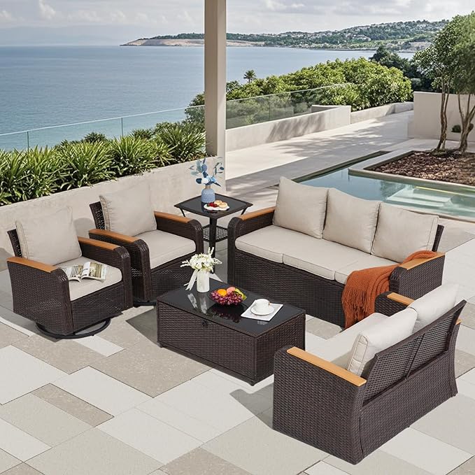 6 Pieces Patio Furniture Sets with Swivel Chairs, Wicker Outdoor Furniture Set for Porch Deck Bistro Lawn Garden Backyard Poolsid- Brown Rattan/Khaki