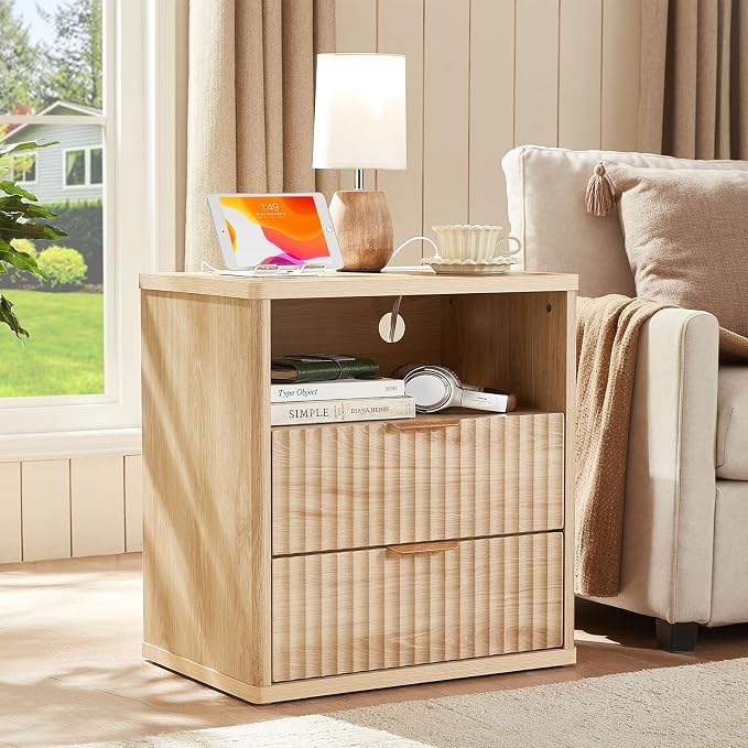 LEYAOYAO Fluted Farmhouse Nightstand Set of 2 with Charging Station, 23" Wide 2 Drawers End Table,Natural Dresser for Bedroom,Bed Side Table Chest of Drawers Cabinet,Wood Night Stand for Living Room - Image 2