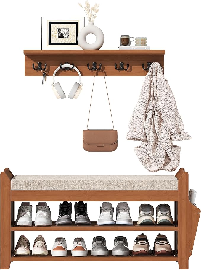 PETKABOO 31.5" Shoe Bench with Coat Rack Hidden Drawer and Side Holder, 2 Tier Entryway Bench with Storage 39.4 in, Bamboo Shoe Rack with Cushion for Entryway Hallway Living Room Bedroom - Image 8