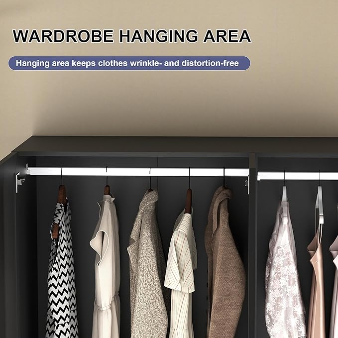 Armoire Wardrobe Closet with Drawers: 74" Black Wardrobe Close with 4 Doors and 2 Drawers, Tall Armoire with Hanging Rod, Large Wooden Clothes Cabinet for Bedroom (Black, 63")