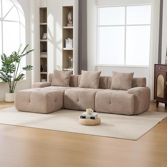 104" L-Shaped Compressed Sectional Cloud Sofa, Flannel Upholstered Modular Tufted Sofa with 4 Pieces, Modern Floor Boneless Foam Modular Cloud Couches for Living Room