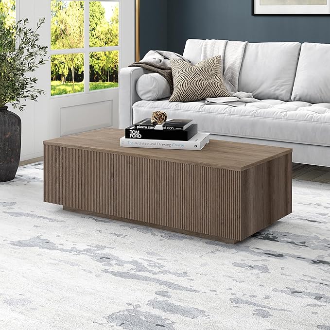 Henn&Hart 48" Fluted Rectangular Low-Profile Coffee Table with Ribbed Sides for Living Room, Family Room, or Office, Weathered Gray