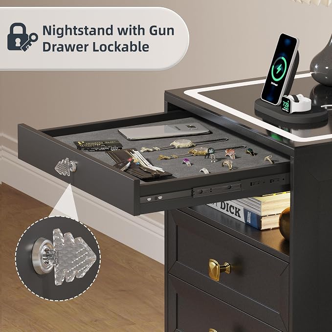 Lvifur LED Nightstand with 3 Drawers, Glass Top Bedside Table with Wireless Charging Station, Modern Night Stand with Auto Sensor, Bedroom Smart End Table (Black) - Image 4