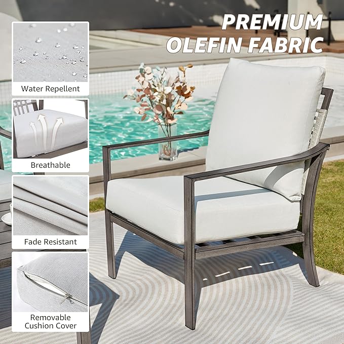 NATURAL EXPRESSIONS 4 Pieces Patio Furniture Sets,Modern Metal Outdoor Conversation Sets with All Weather Hand-Woven Rope Chairs,High Back Frame,Metal Table, 6" Thick Olefin Cushions for Yard,Garden