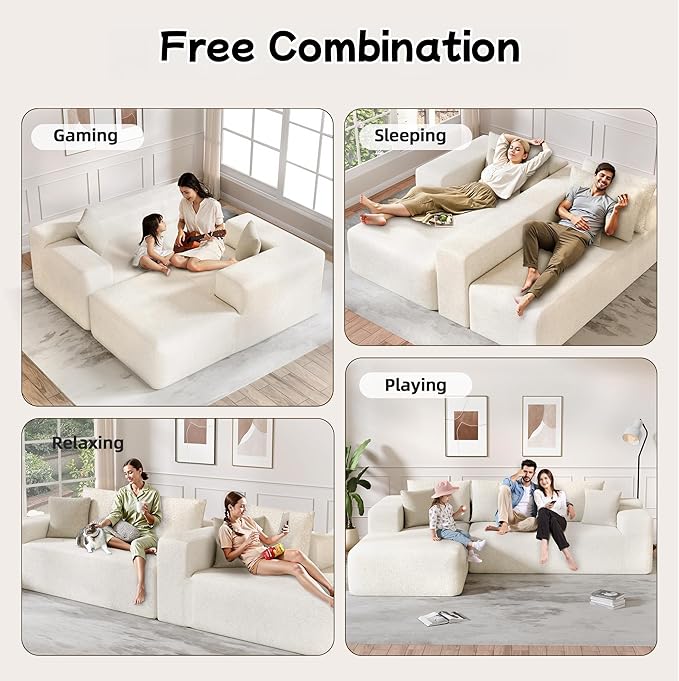 L-Shape Cloud Sectional Sofa, 104” Modern Modular Boneless Couch with Right Chaise Lounge, Compressed Floor Sofa with 5 Pillows & Deep Seat, Rain Drop Velvet Couch for Living Room, Beige