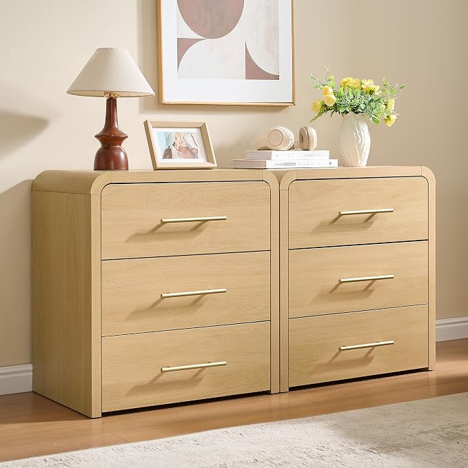 Fatmok Nightstand Set of 2, 23.6" Curved Modern Night Stand with 3-Drawer, Bedside Table, End Table for Bedroom, Large Dresser Storage Cabinet for Home Office Entryway, Natural - Image 6