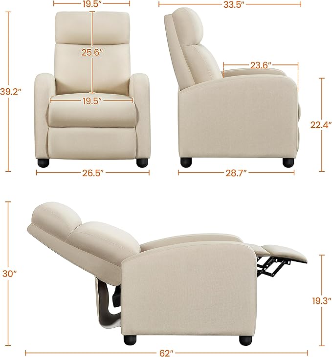 Topeakmart Fabric Recliner Sofa Push Back Recliner Chair Adjustable Modern Single Reclining Chair Upholstered Sofa with Pocket Spring Living Room Bedroom Home Theater Beige