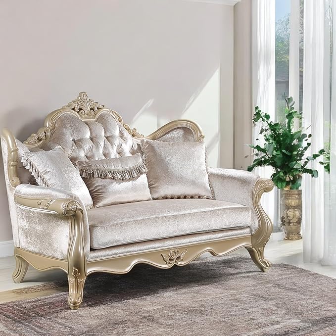 Acme Libertee Fabric Upholstered Loveseat with 3 Pillows in Beige/Champagne