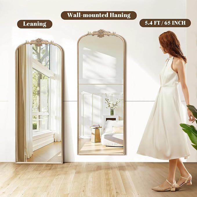 Besdomus Arched Mirror Full Length: 21"x56" French Champagne Gold Vintage Full Body Mirror - Floor Antique Baroque Traditional Ornate for Entryway/Cloakroom/Bedroom - Home Decor for Fashion-Conscious - Image 6